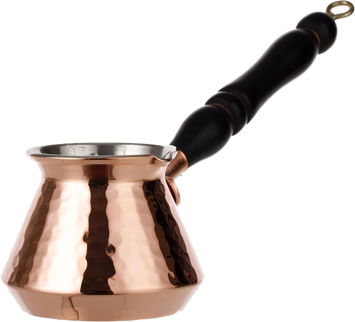 DEMMEX Thickest Turkish Greek Arabic Hammered Copper Coffee Pot Stovetop Coffee Maker Cezve Ibrik Briki with Wooden Handle & Wooden Pot Spoon, for 3 People (Copper)