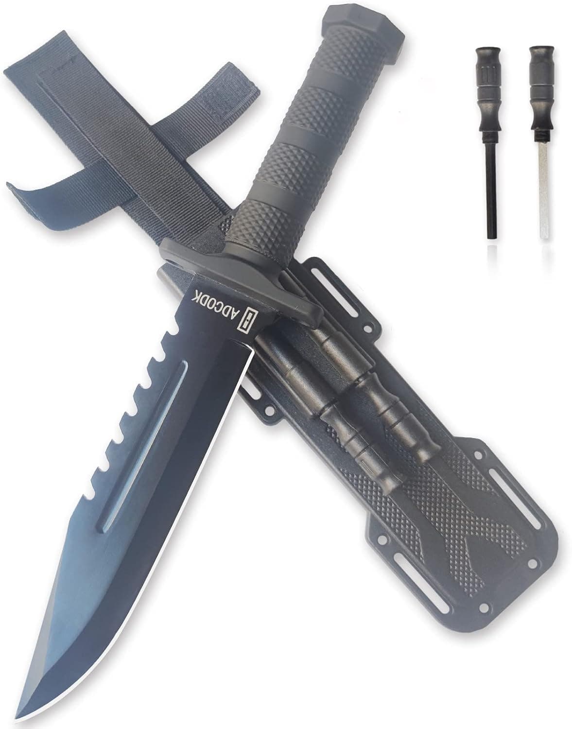 ADCODK Tactical Bowie Knife with Sheath Fixed Blade Survival Hunting Knives with Non-Slip Handle and Sharpener & Fire Starter for Camping Outdoor Adventure