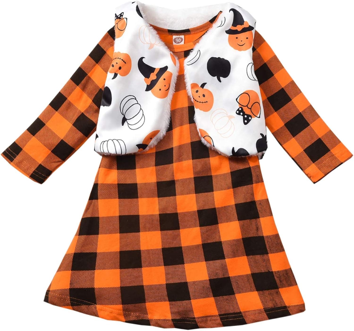 fioukiay Toddler Girls Halloween Outfits 2PC Kids Orange Plaid Dress with Reversible Vest Clothes Set