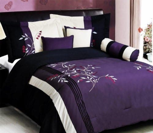 Grand Linen 7 PC Modern Purple Black Embroidered Comforter Set/Bed in A Bag - Queen Size Bedding