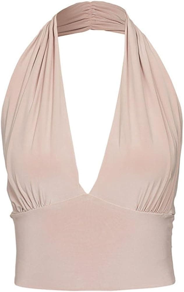 Sexy Womens Solid Milk Fabric Halter Neck Backless Crop Top Apricot