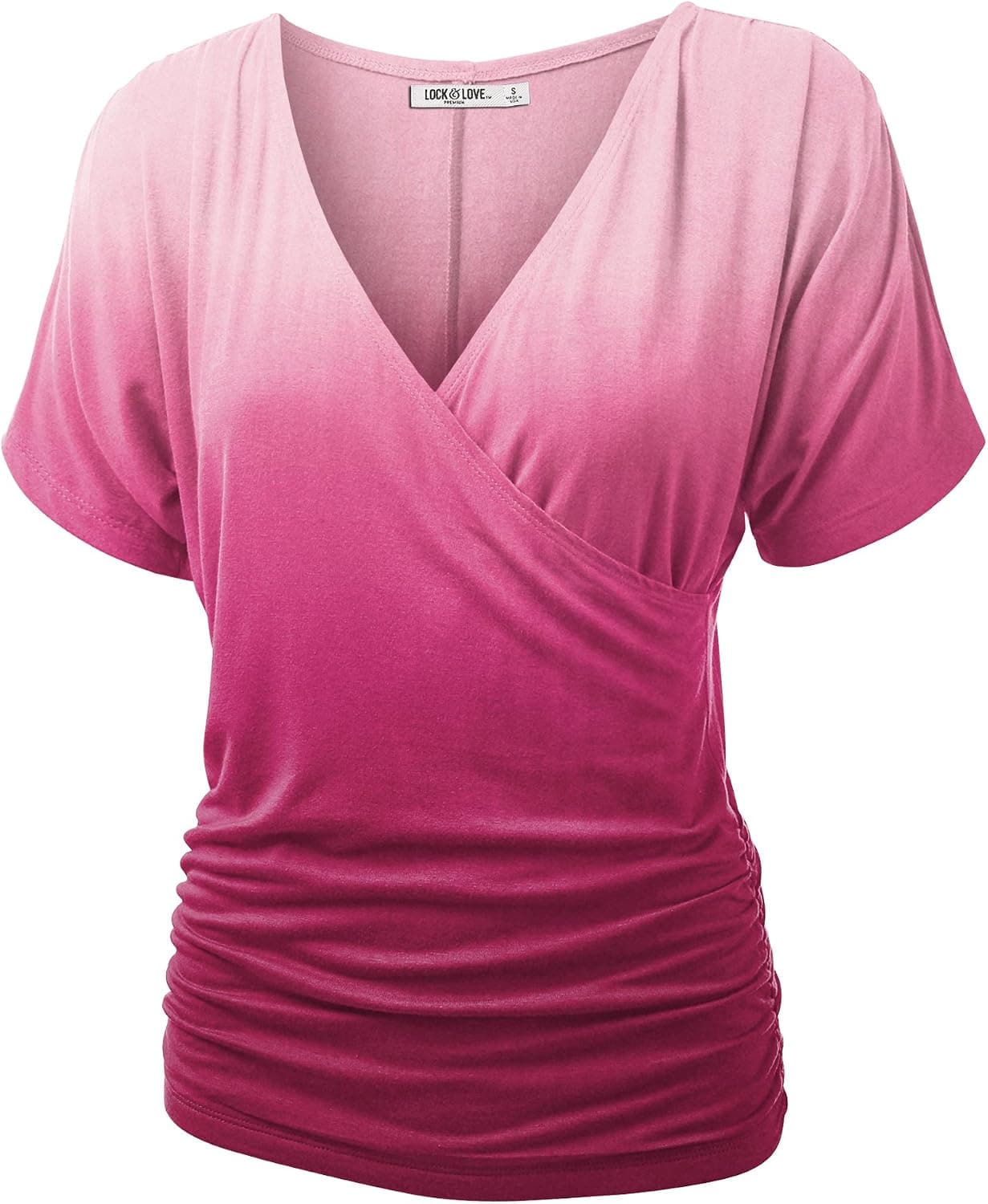 Lock and Love Women's Vneck Short Sleeve Wrap Front Ombre Deep Dye Dolman Top - Made in USA