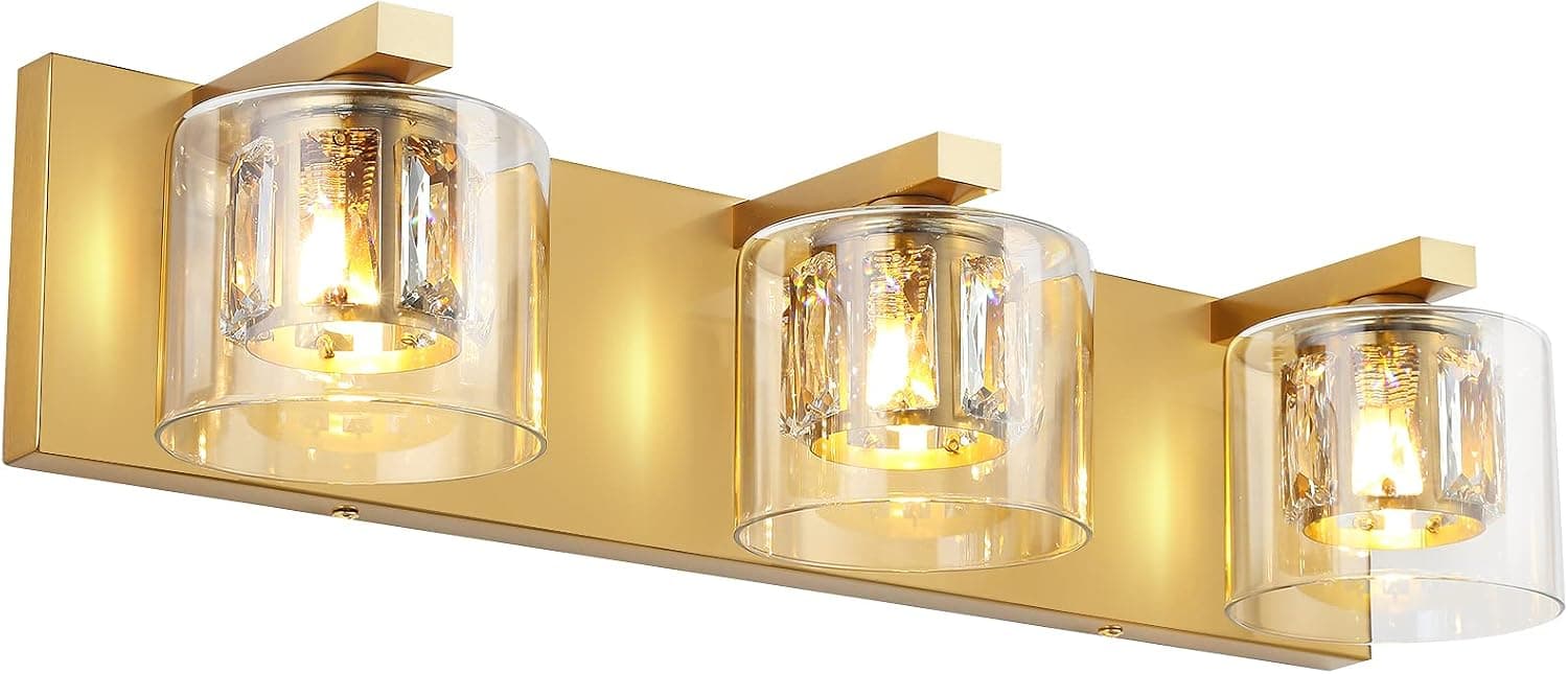 HEWEGO 3 Lights Gold Bathroom Vanity Lighting Fixture 21 inch LED Modern Crystal Bathroom Vanity Light Wall Sconce Over Mirror Gold
