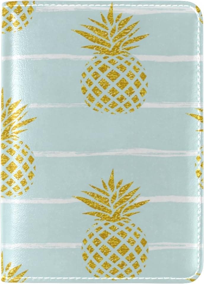 ALAZA Summer Gold Pineapple on Striped Leather Passport Holder Cover Case Travel One Pocket