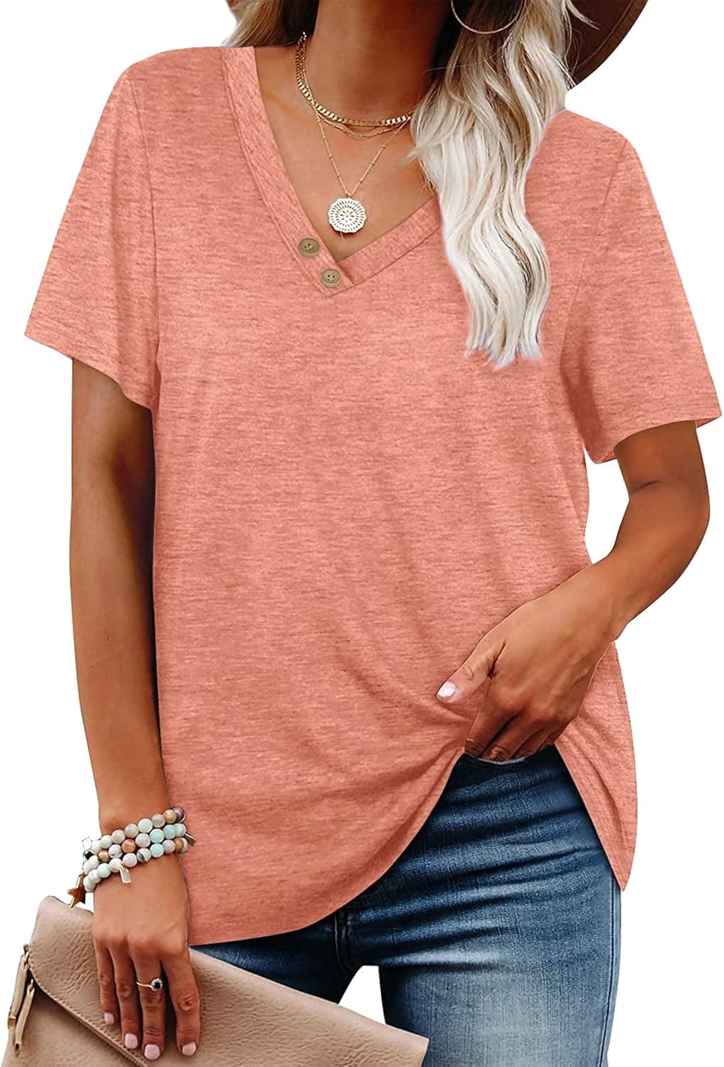 Womens Casual Tunic Tops V Neck Short Sleeve Blouses Button Basic Loose Fitting Long Shirts