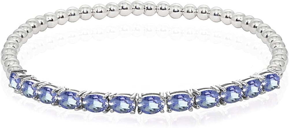 Sterling Silver Genuine, Created or Simulated Oval Gemstone Beaded Stretch Tennis Style Stackable Bracelet