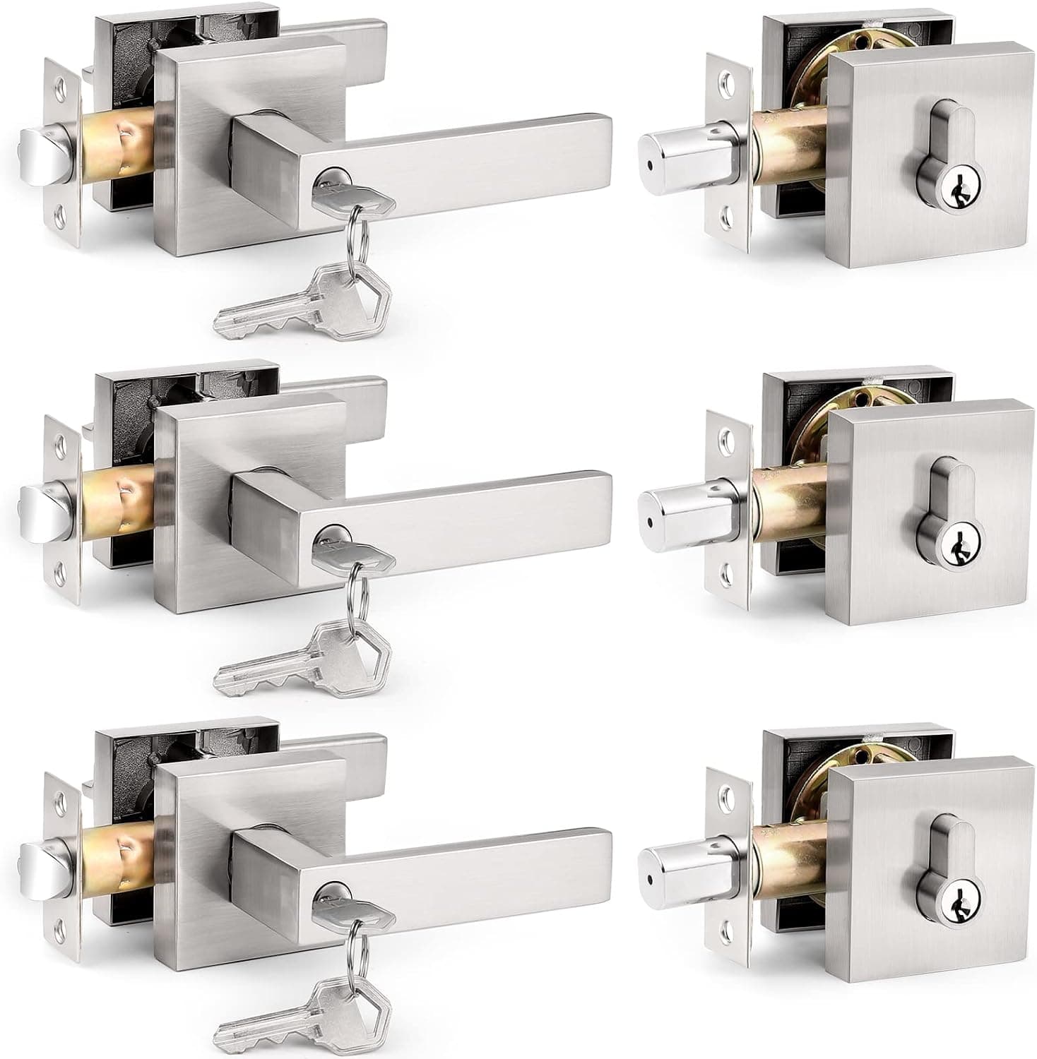 Probrico Satin Nickel Square Entry Levers Locksets and Single Cylinder Deadbolts Combination Set, Heavy Duty Front Door Office Entrance Levers, 3 Pack Keyed Alike(All Same Keys)