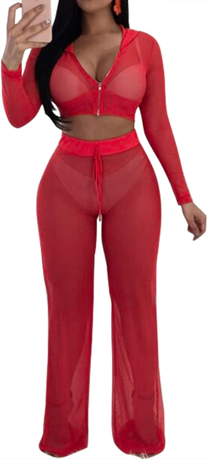 MEALIYA Two Pieces Outfits Cropped Hoodie Swimwear Mesh Sexy Cover Ups for Women Swimsuit Long Sleeve