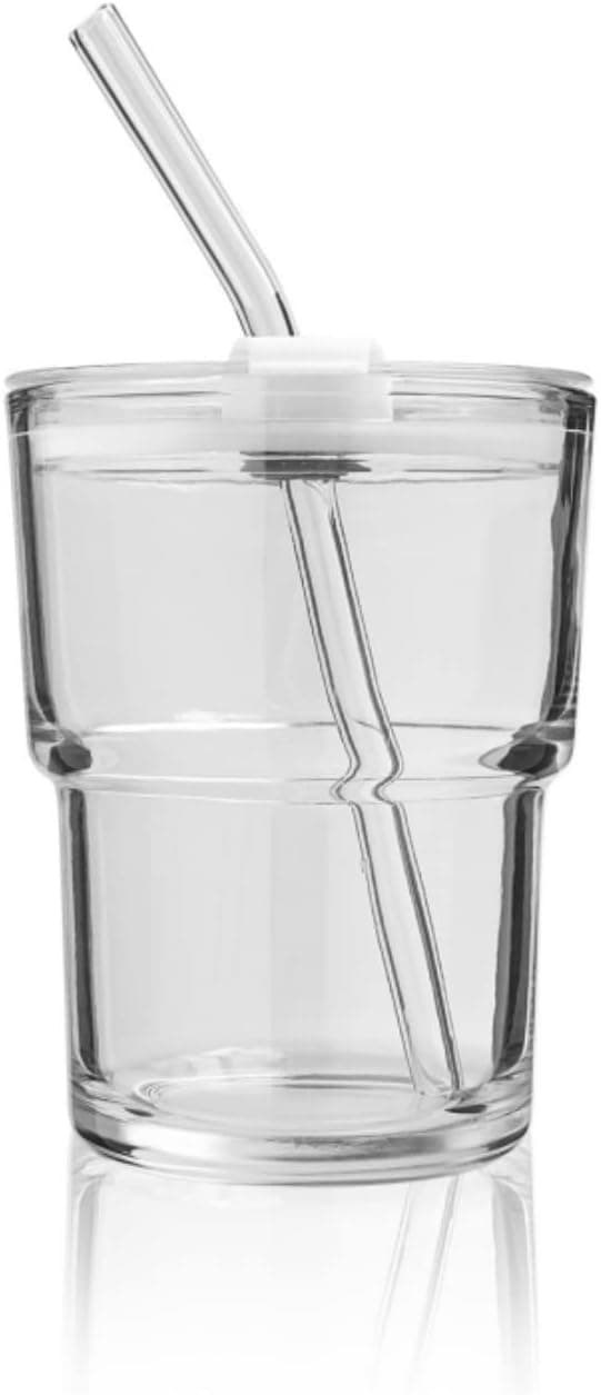 cosnou 13OZ/400ML Ice Coffee Glass Tumbler with Straw and Lid Sealed Carry On, Thick Wall Water Glass Cup Mug Tea （Clear）