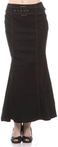 High Style Women's Flared Denim Skirt with Belt (601SL, Black, 1 XL)