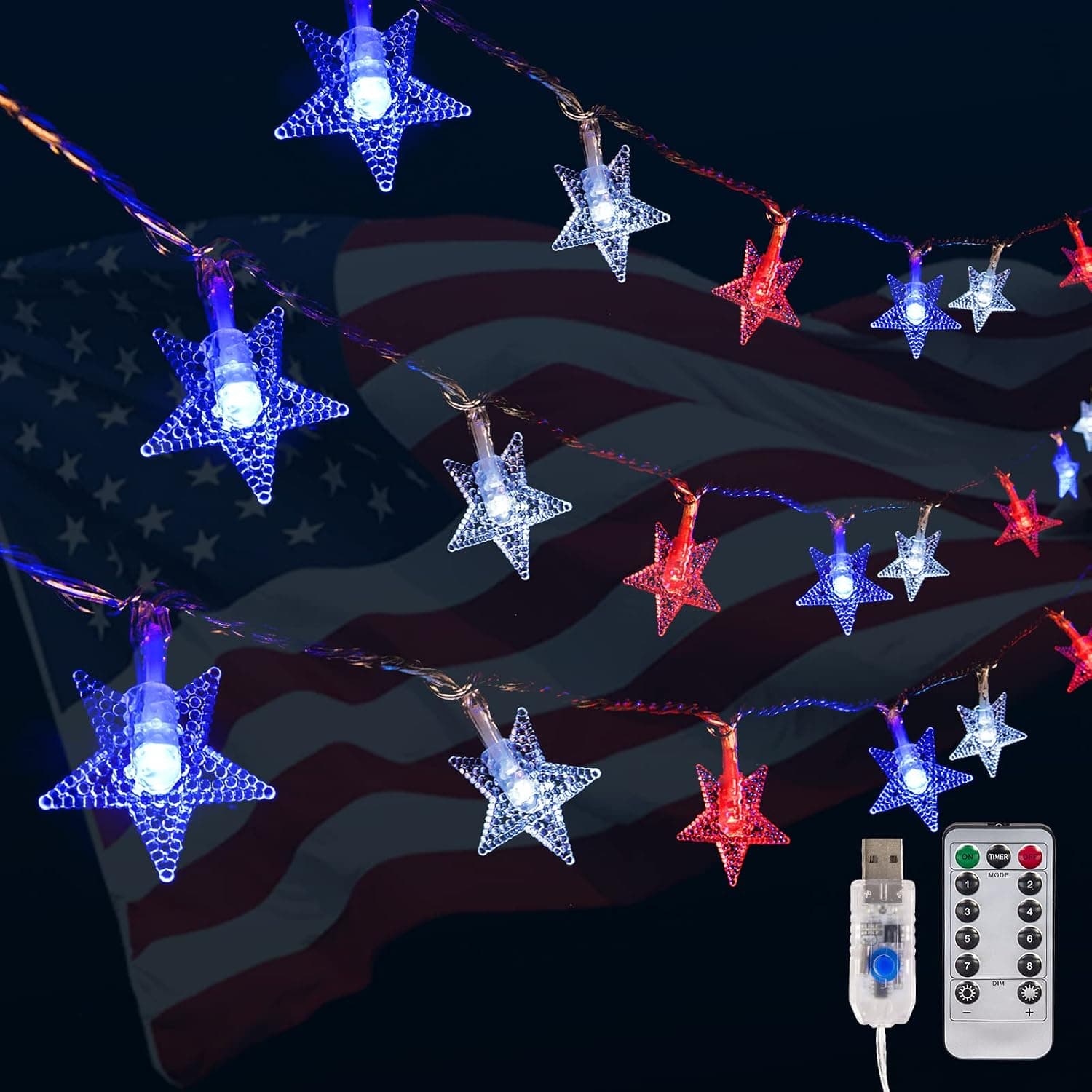 LYUBASA 133 LED 66 FT Star String Lights, July 4th Decorations Plug in Patriotic Fairy String Light Waterproof USB powered, Suitable for Indoor Outdoor Independence Day Party Garden,Red & Blue & White