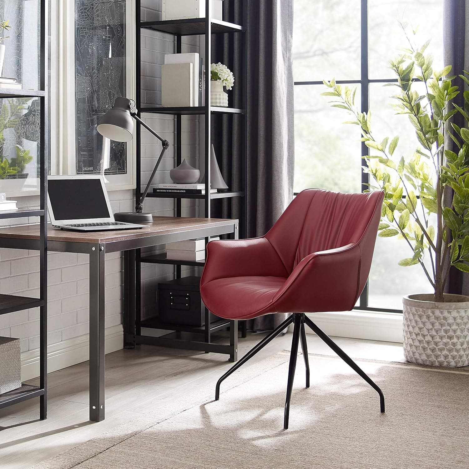 Volans Modern Mid Back Faux Leather Upholstery Home Office Chair with Armrest, No Casters in Black Metal Legs Swivel Desk Chair, Burgundy