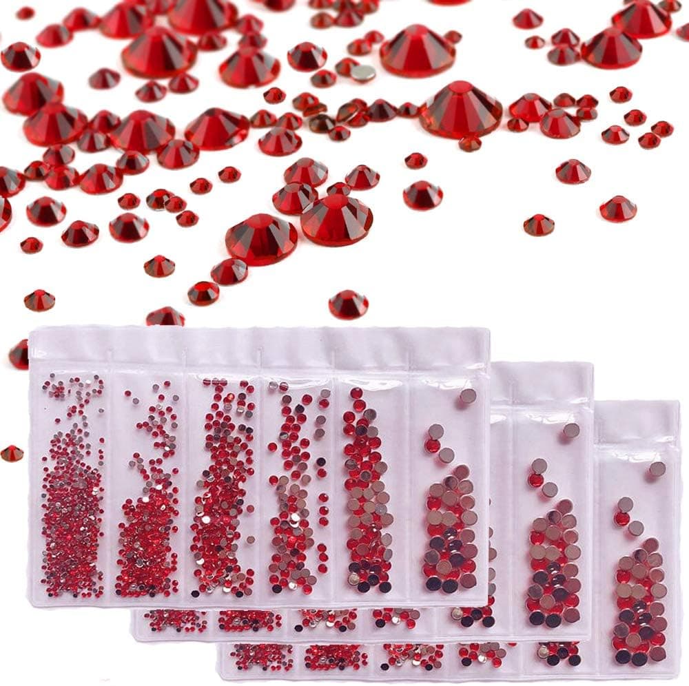 (4500+PCS 3 Pack) Rhinestones for Craft，AKWOX Crystals Plastic Nail Art Rhinestones Round Beads Flatback Charms Gems Stones for DIY Makeup Clothes Shoes 6 Sizes (2-5 mm)(Red)