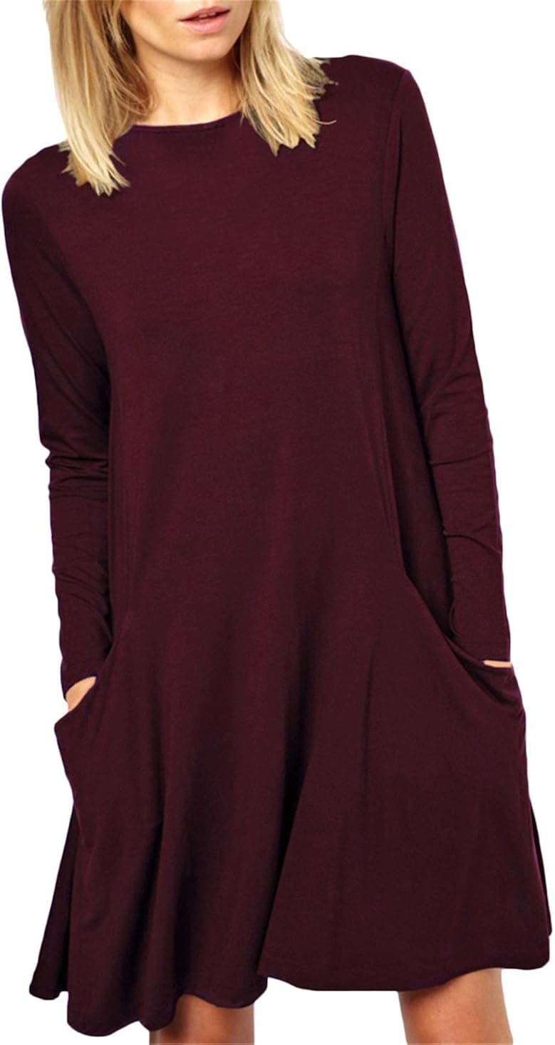 Women's Basic Pockets Simple Tshirt Derss (L, Burgundy)