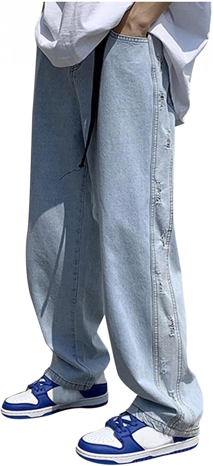 iYBUIA Mens Fashion Baggy Jeans Loose fit Straight Wide Leg Stitching Denim Pants Relaxed Fit Trousers Streetwear Jeans