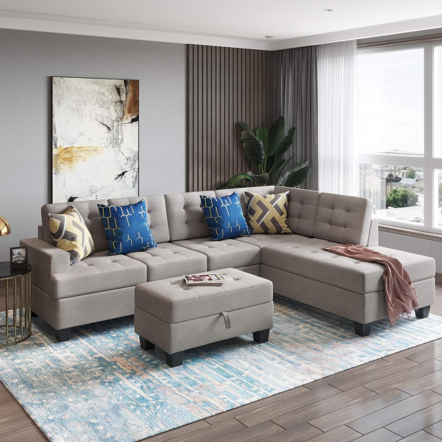 Merax Sectional Sofa with Chaise Lounge,3 Piece Modern Sofa Sets for Living Room,Modular sectional Sofa with Storage Ottoman,L Shape Couch Living Room Furniture (Light Grey with Chaise)