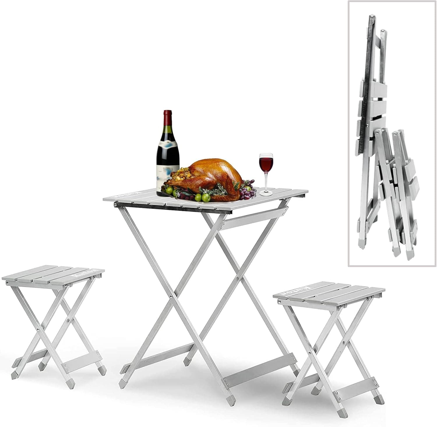 KUTON Folding Camping Table - Small Folding Table with 2 Chairs - Aluminum Beach Tables for Sand Foldable Picnic, Camp, Dining - Foldable Table - Portable Table - Lightweight Design and Rust