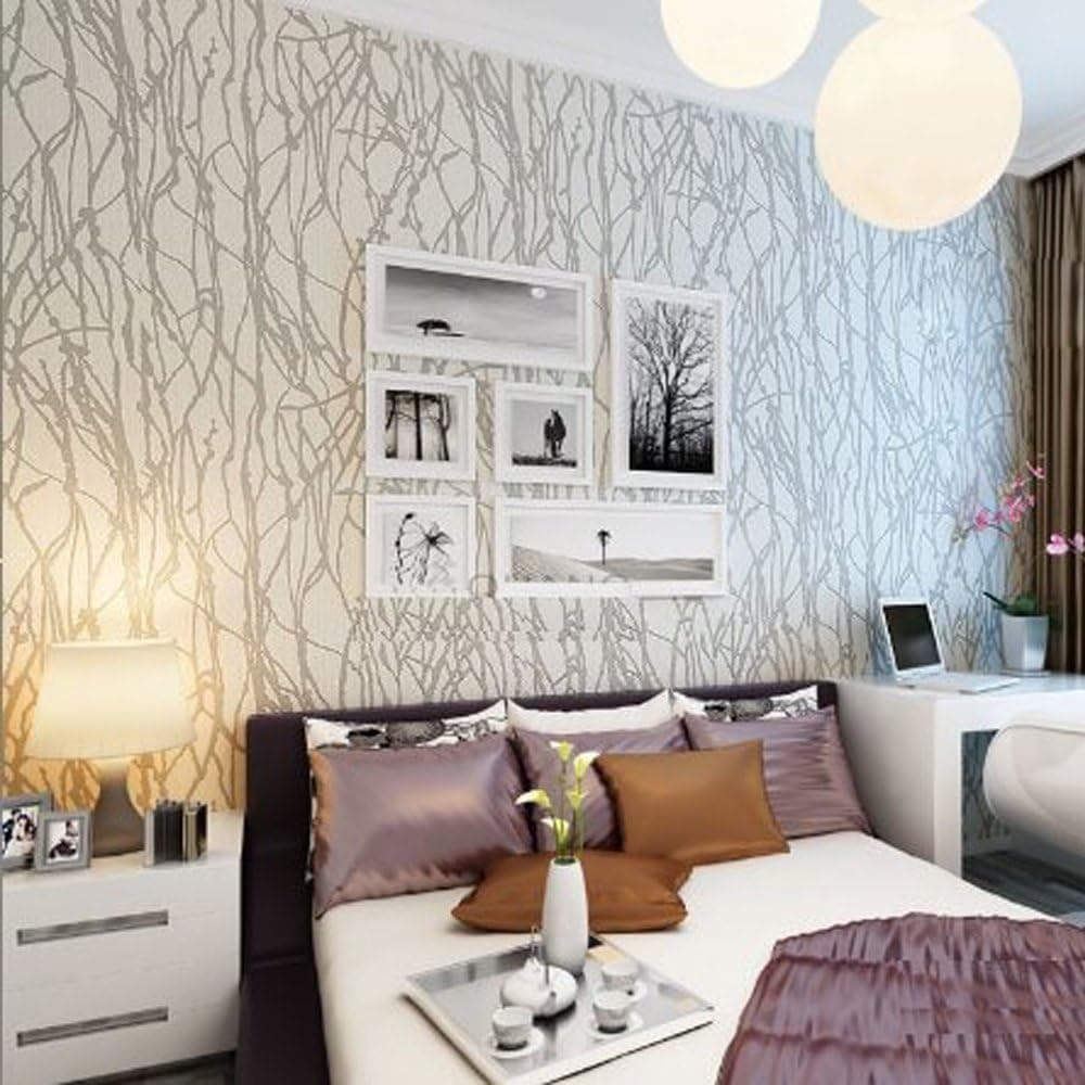 QIHANG Modern Minimalist Curve Tree Patterns Non-Woven Wallpaper Roll Cream&Gray Color(0.53m*10m=5.3㎡)