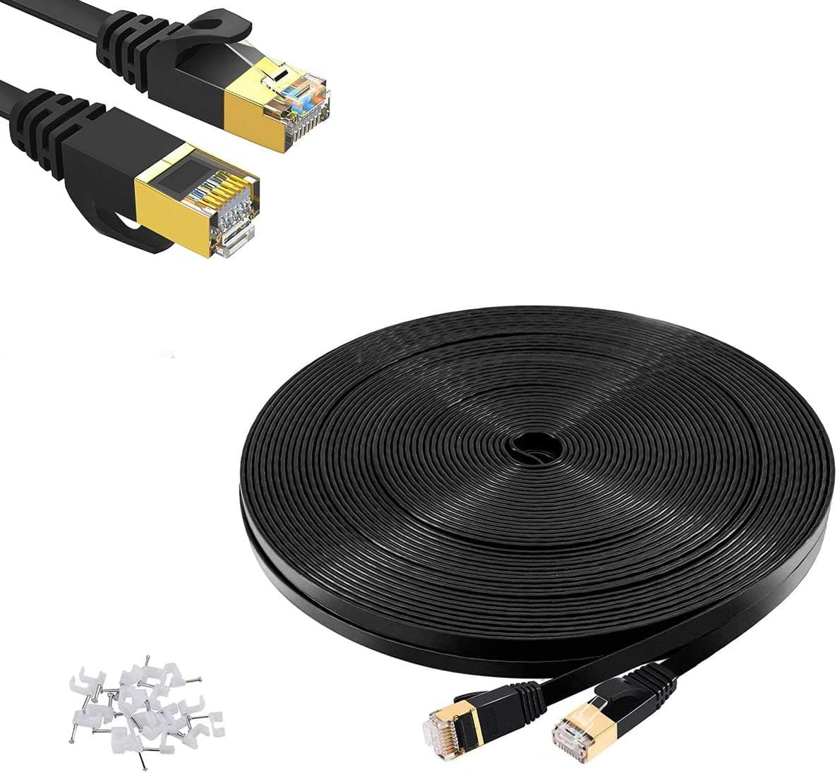 Cat 7 Ethernet Cable 100 ft,Shielded(SPT) Flat Internet Network Computer Patch Cord, Faster Than Cat5e/Cat5/Cat6/Cat6e Network, RJ45 Connectors for Gaming, Router,Xbox, POE,Modem