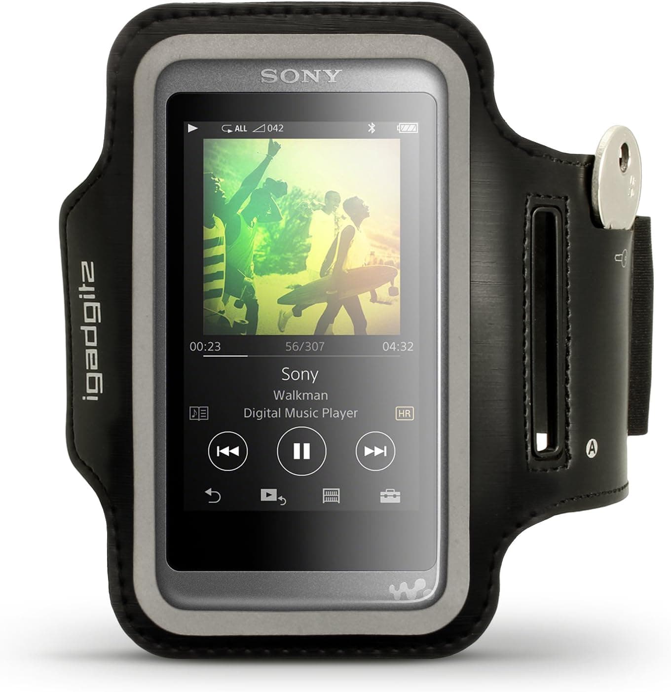 iGadgitz U6384 Reflective Sports Jogging Gym Armband with Key Slot Compatible with Sony Walkman NW-A35, A40, A45 MP3 Players - Black