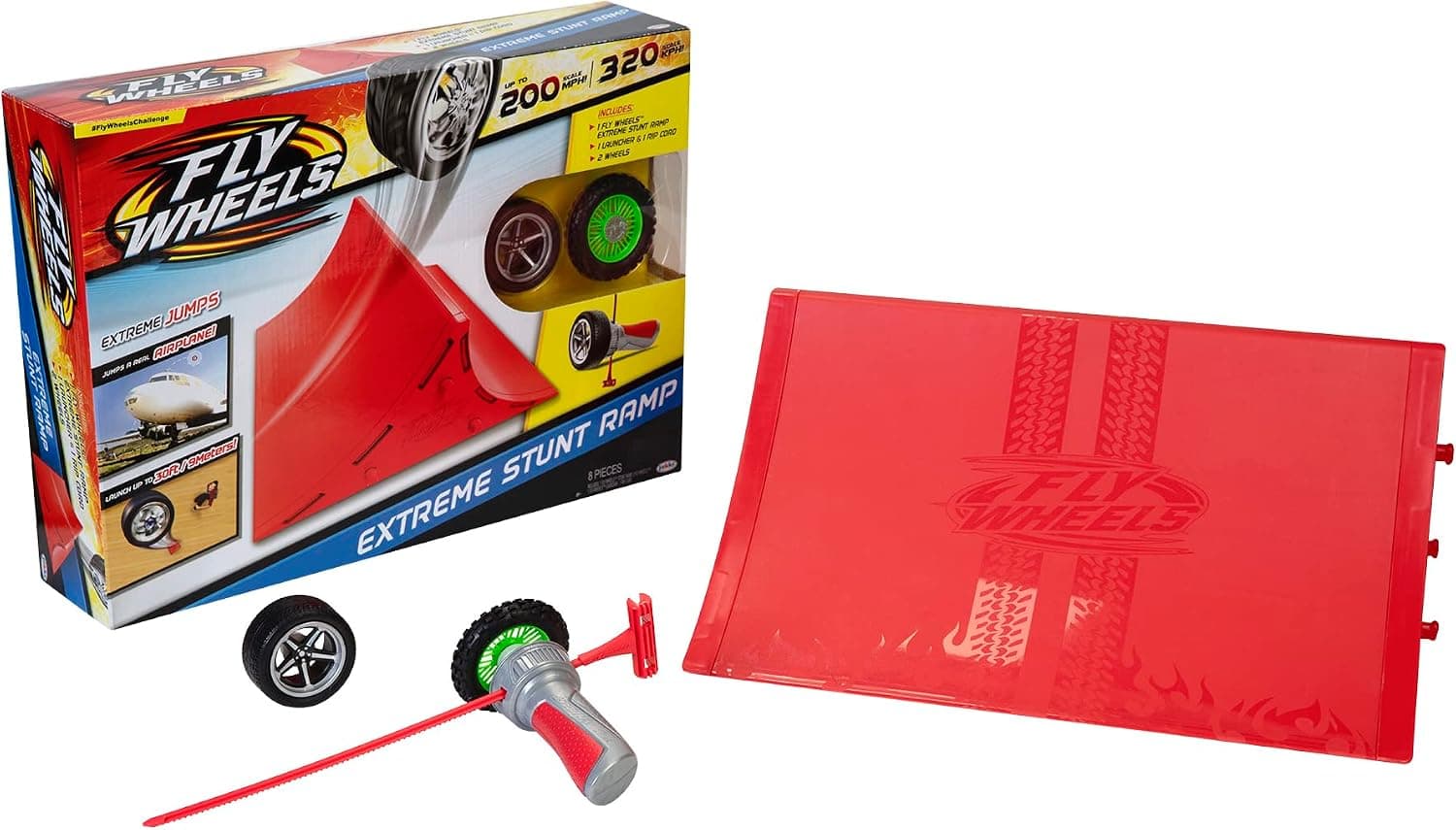 Fly Wheels Ramp with Launcher + 2 Wheels - Rip it up to 200 Scale MPH, Fast Speed, Amazing Stunts & Jumps up to 30 feet! All Terrain Action: Dirt, Mud, Water, Snow- One of The Hottest Wheels Around!