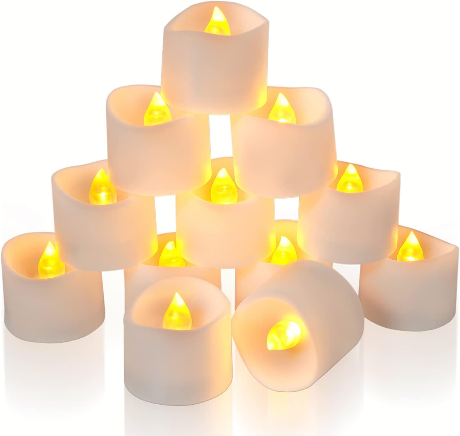 Homemory Flickering Flameless Candles With Timer, Long-Lasting LED Tea Lights With Timer, Fake Electric Battery Votive Candles for Table Centerpieces,Halloween,Christmas, Bright Amber 12Pcs, No Remote