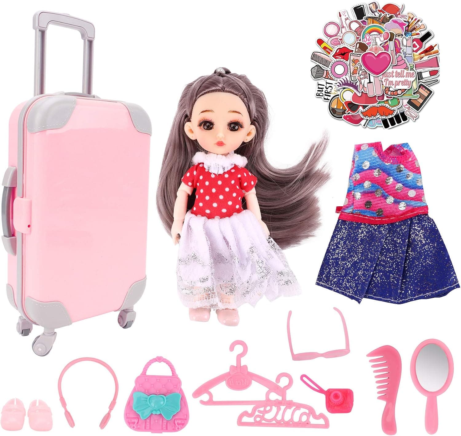 PALA PERRA Doll Travel Suitcase, Doll Accessories Set Including Pink Luggage for 6.3 Inch Doll with Dresses Clothes Shoes Hangers Handbag Camera etc., Doll Travel Playset for 6.3 Inch Grils Gift Doll