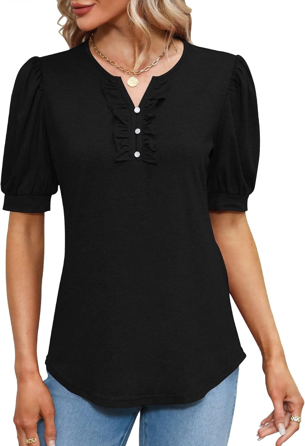 LOMON Womens Casual V Neck Henley Shirts Puff Short Sleeve T-Shirts Fashion Button Down Ruffle Tops S-2XL