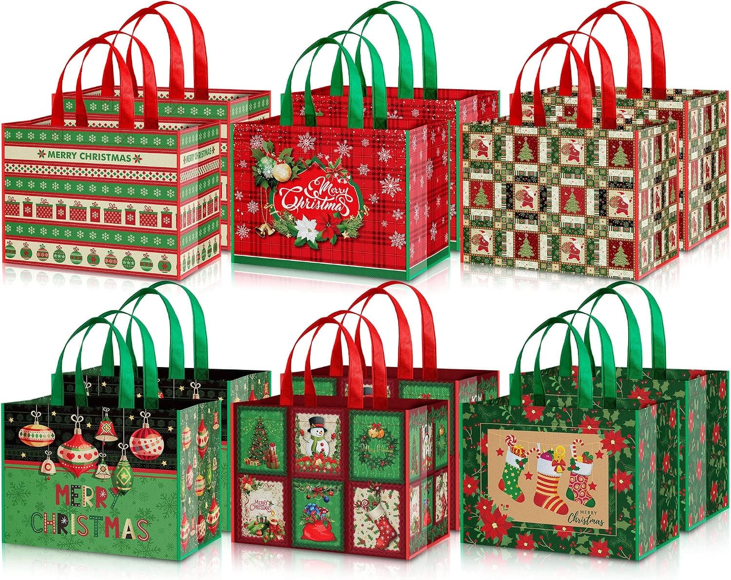 Whaline 12Pcs Christmas Large Tote Bags with Handles Reusable Gift Bag Grocery Shopping Bag Non-Woven Bags Retro Red Green Christmas Party Treat Bag Waterproof Goodie Bag for Holiday Favors