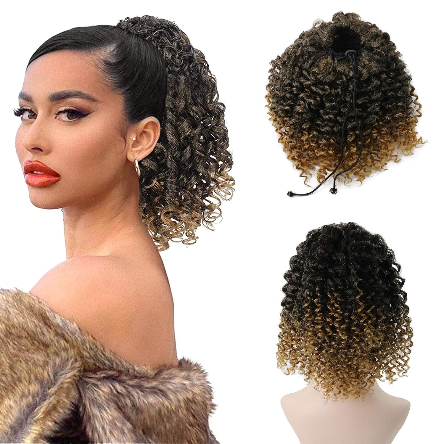 MEIRIYFA Afro Kinky Curly Drawstring Ponytail Extension Synthetic Fiber Afro Curly Hairpieces for Women 8 Inch (Blonde)