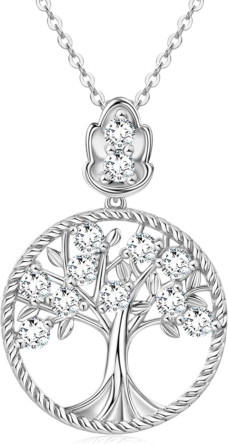 DYUNQ Birthstone Pendant Necklace for Women, 925 Sterling Silver Tree of Life 5A Cubic Zirconia Silver Hypoallergenic Necklace, Birthday Anniversary Valentine's Day Jewelry Gifts, 18 to 20”