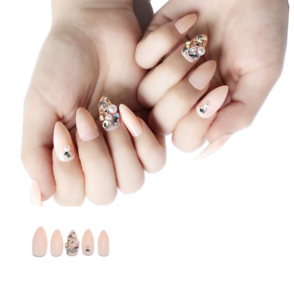 Skyvan 24 Counts Romatic Sweet Pink Bride Long Stiletto False Nails with Luxury Rhinestone Press On Fake Nails with Glue and Adhesive Tab for Women and Girls