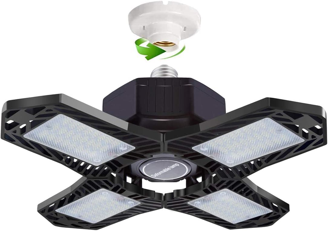 LED Garage Lights 150W, 4 Panels 15000lm Deformable Garage Lights Ceiling LED, Shop Light 6500K Daylight Quabright Glow Adjustable Folding Garage Lighting Bulb E26/E27 for Garage,Workshop,Warehouse