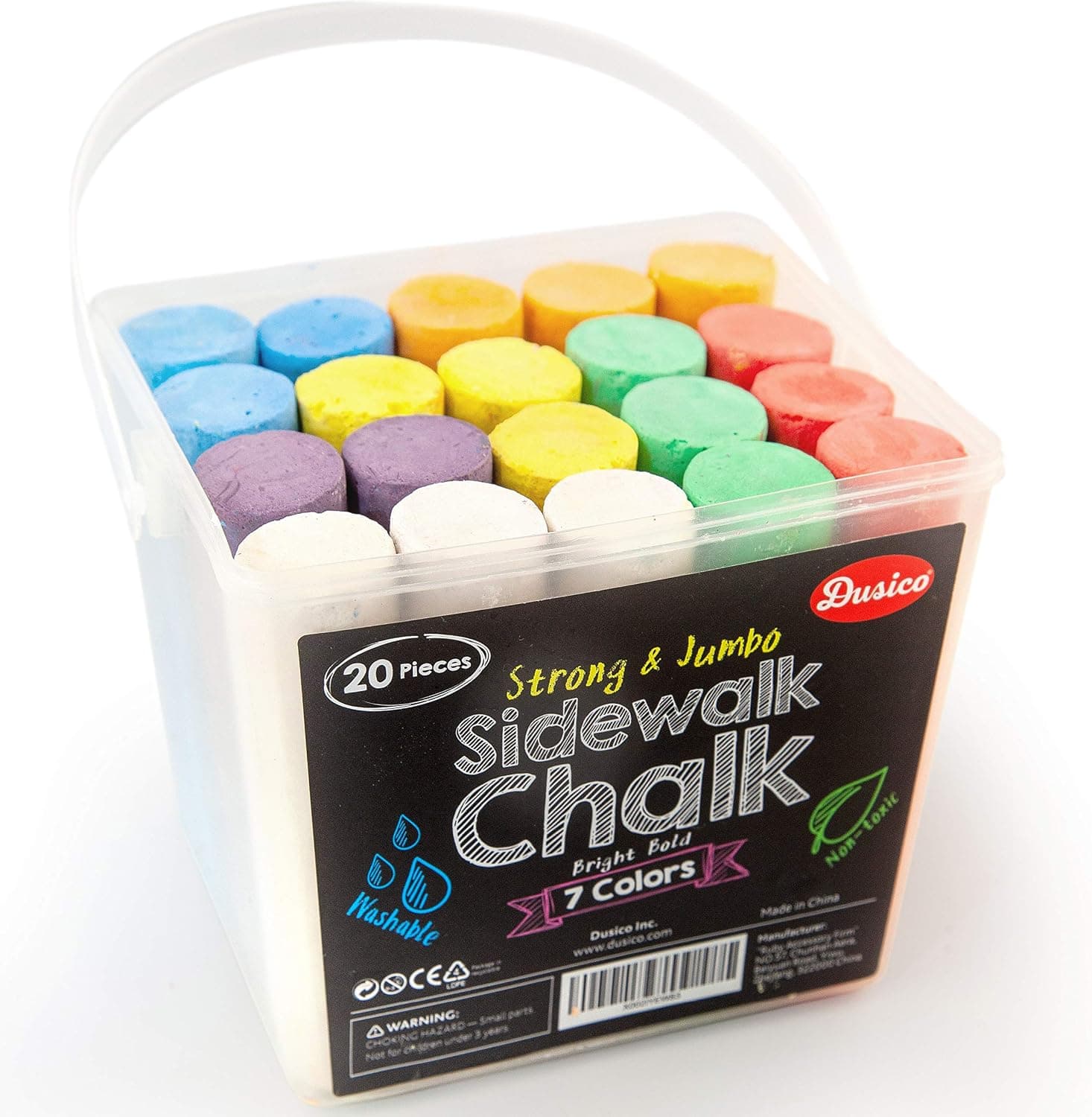 Dusico Sidewalk Chalk (20 Count) in Strong Plastic Box, 7 Colors, Jumbo, Non-toxic and Washable