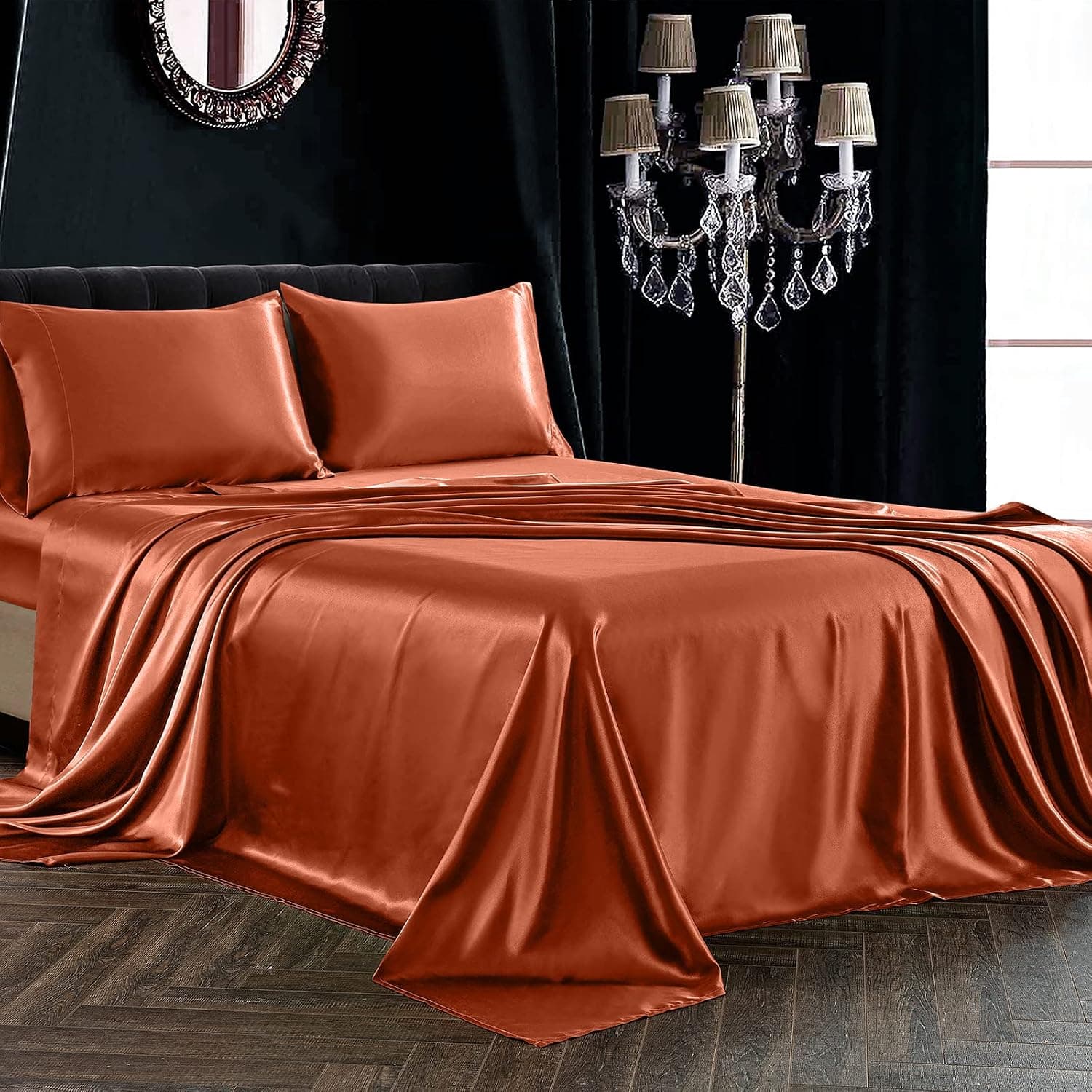 SiinvdaBZX 4Pcs Satin Sheet Set King Size Ultra Silky Soft Autumn Orange Satin King Bed Sheets with Deep Pocket, 1 Fitted Sheet, 1 Flat Sheet, 2 Envelope Closure Pillowcases