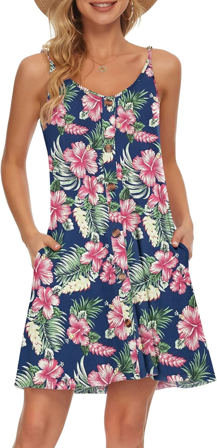 WNEEDU Women's Summer Spaghetti Strap Button Down V Neck Casual Beach Cover Up Dress with Pockets