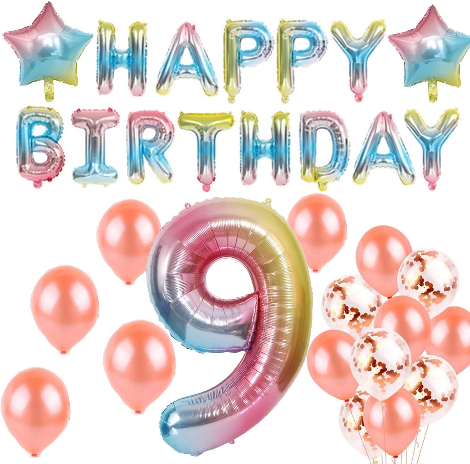 9th Birthday Decorations - Number 9 Balloon - 40 inch Rainbow Gradient Colorful Big Size Number Foil Helium Balloons For Birthday Party Supplies