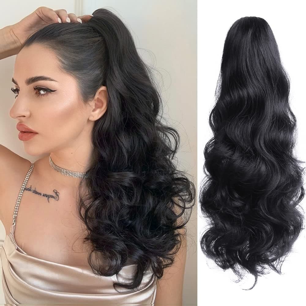StrRid Black Ponytail Wig, Ponytail Extension Claw 20" Wavy Hair Extensions Ponytail Synthetic Fake Hair Fluffy Curly Clip in Pony Tail Blonde Ponytails Hair Pieces for Women Daily 6 oz-Black