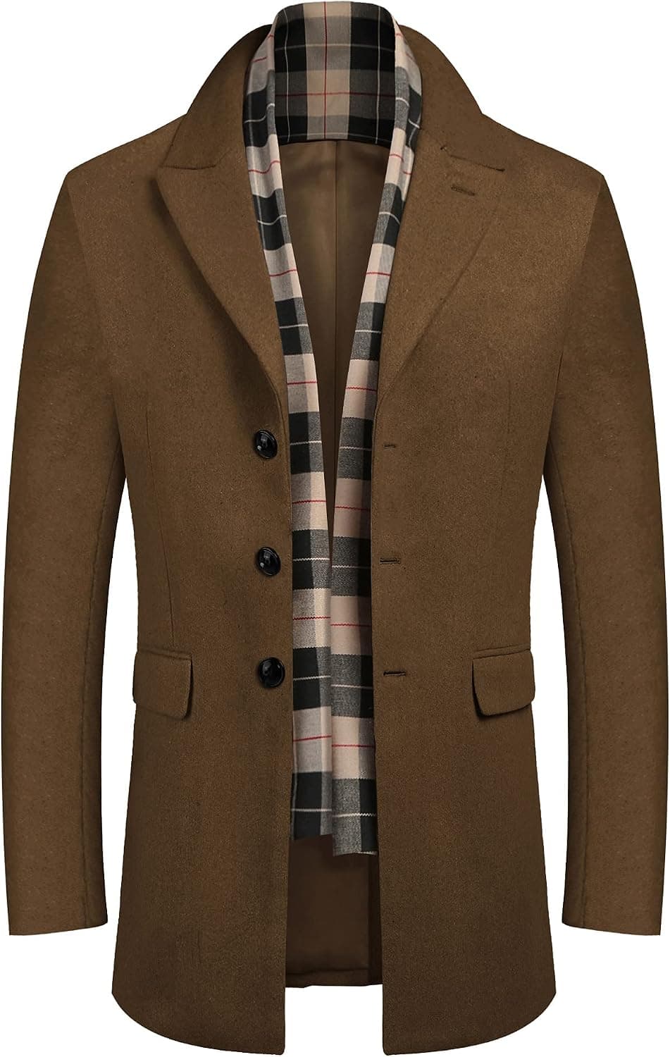 COOFANDY Men's Short Wool Blend Jacket with Detachable Plaid Scarf Single Breasted Pea Coat Short Car Coats (Coffe L)