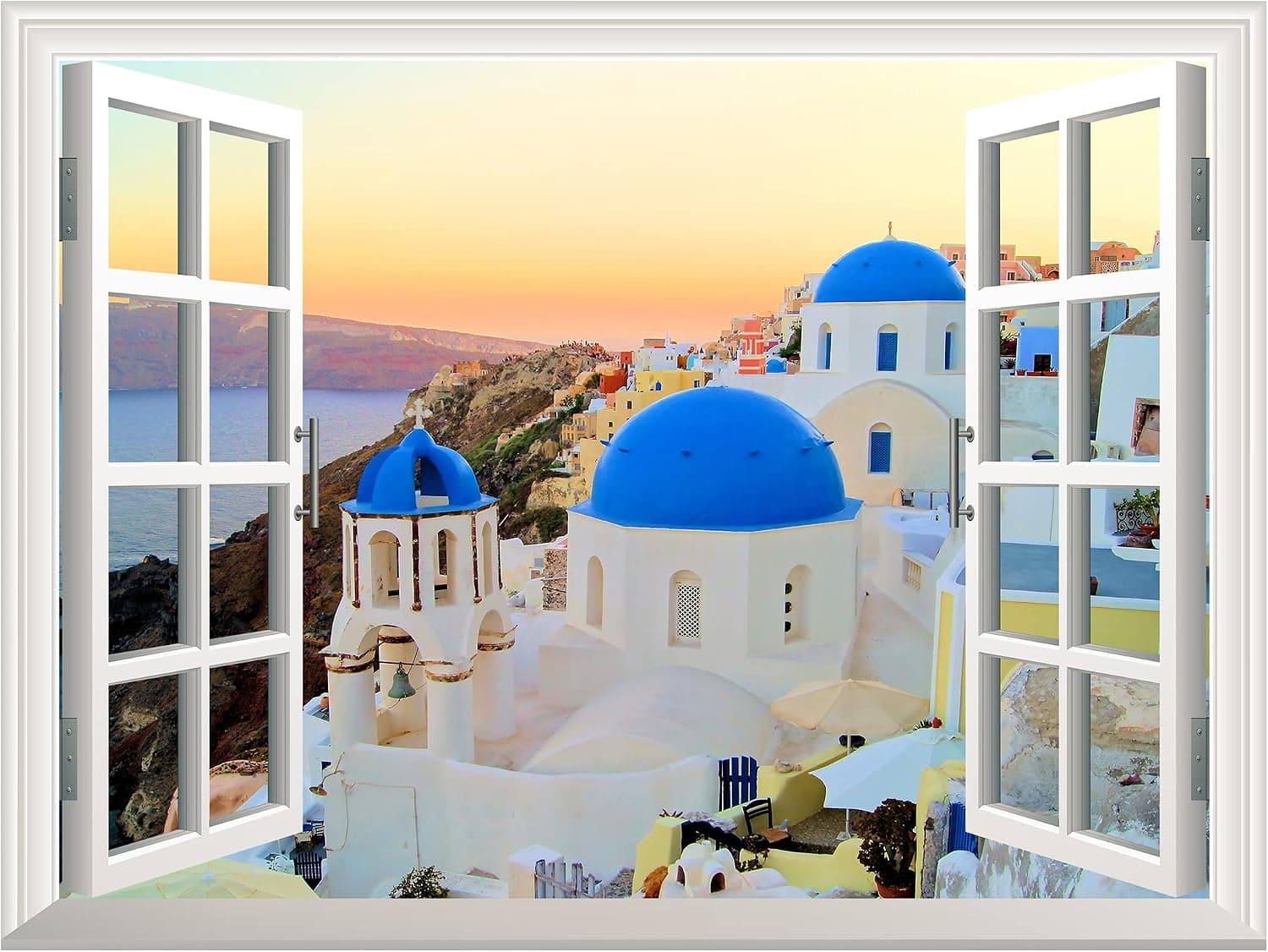 wall26 Removable Wall Sticker/Wall Mural - Sunset View of The Blue Dome Churches of Santorini, Greece-Creative Window View Home Decor/Wall Decor - 24 inchx32 inch