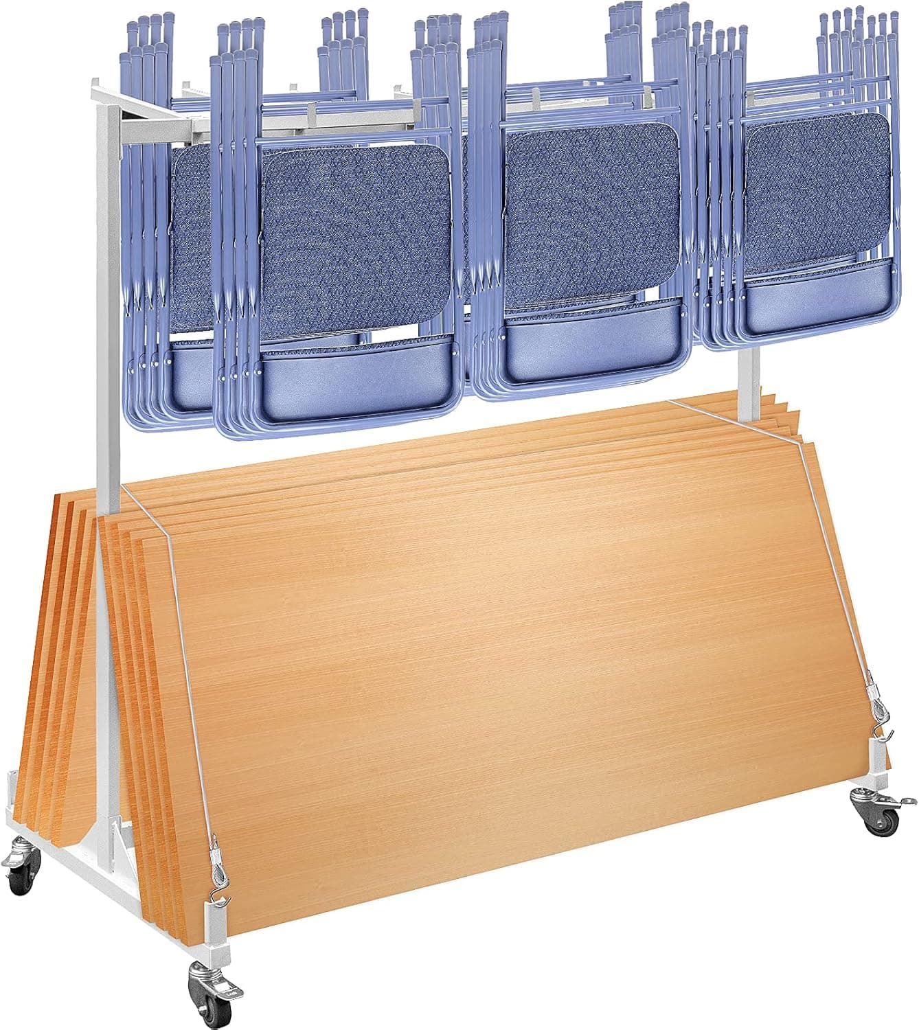 Happybuy Folding Chair and Table Cart 750lbs Capacity Combo Cart for 42 Chairs and 12 Tables Steel Frame Folding Chair Racks for Storage Swivel Wheels Folding Chair Storage with Steel Rope