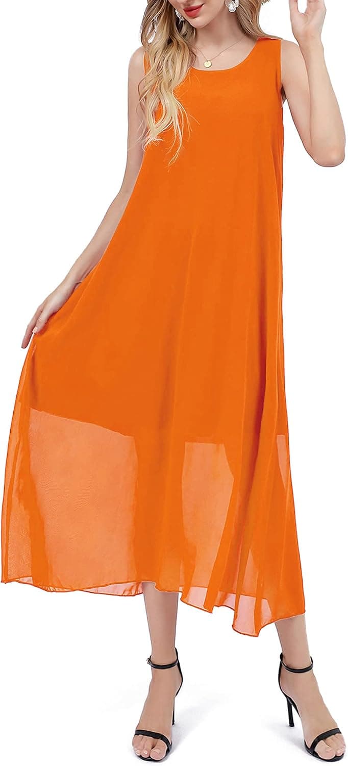 Bulotus Womens Sleeveless Loose Plain Midi Dress Summer Chiffon Flowy Swing Dresses
