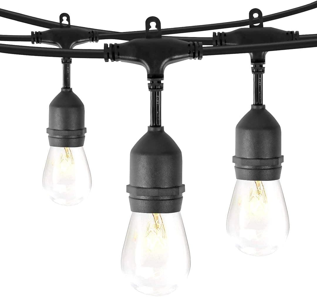 ClearMax 48 Foot Outdoor String Lights with 15 Hanging E26 Bulbs for Porch, Balcony, Backyard, Garden, or Patio Decor, Indoor Decorative Light for Cafe or Bistro Outdoor Lights, Patio Lights, Black