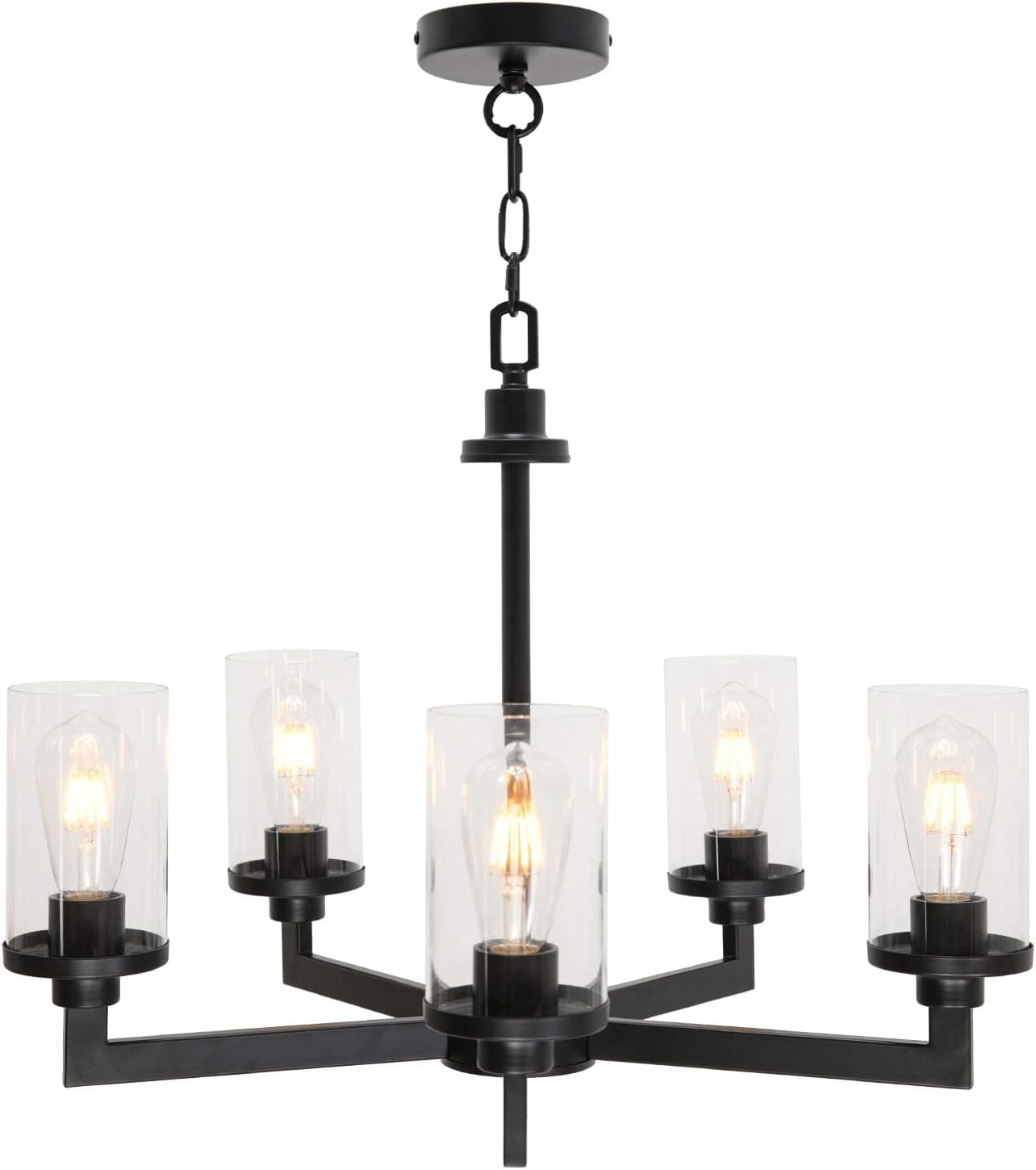 XINCAN Contemporary Chandelier Bedroom Light Fixture Ceiling Hanging Black 5 Light with Modern Clear Glass Shade for Dining Room Living Room