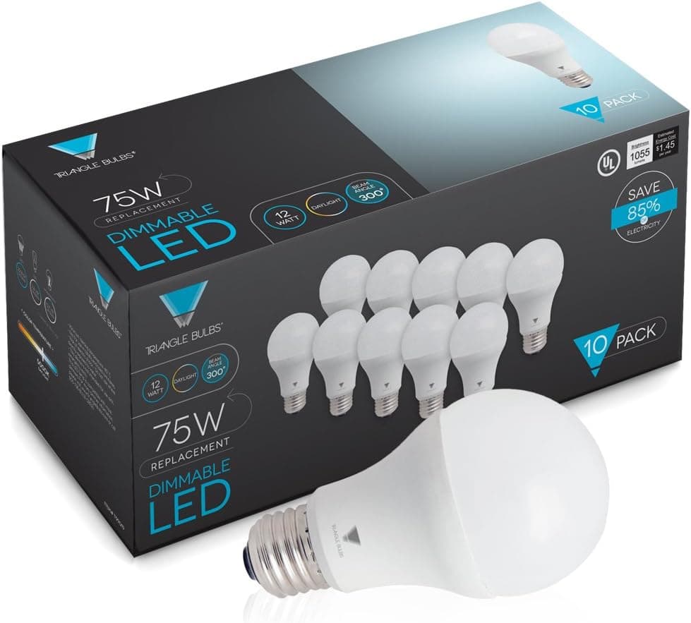 Triangle Bulbs (Pack of 10) LED Dimmable 12 Watt A19 LED Bulb, 1055 Lumens Daylight (5000K) 75 Watt Incandescent Light Bulb Replacement