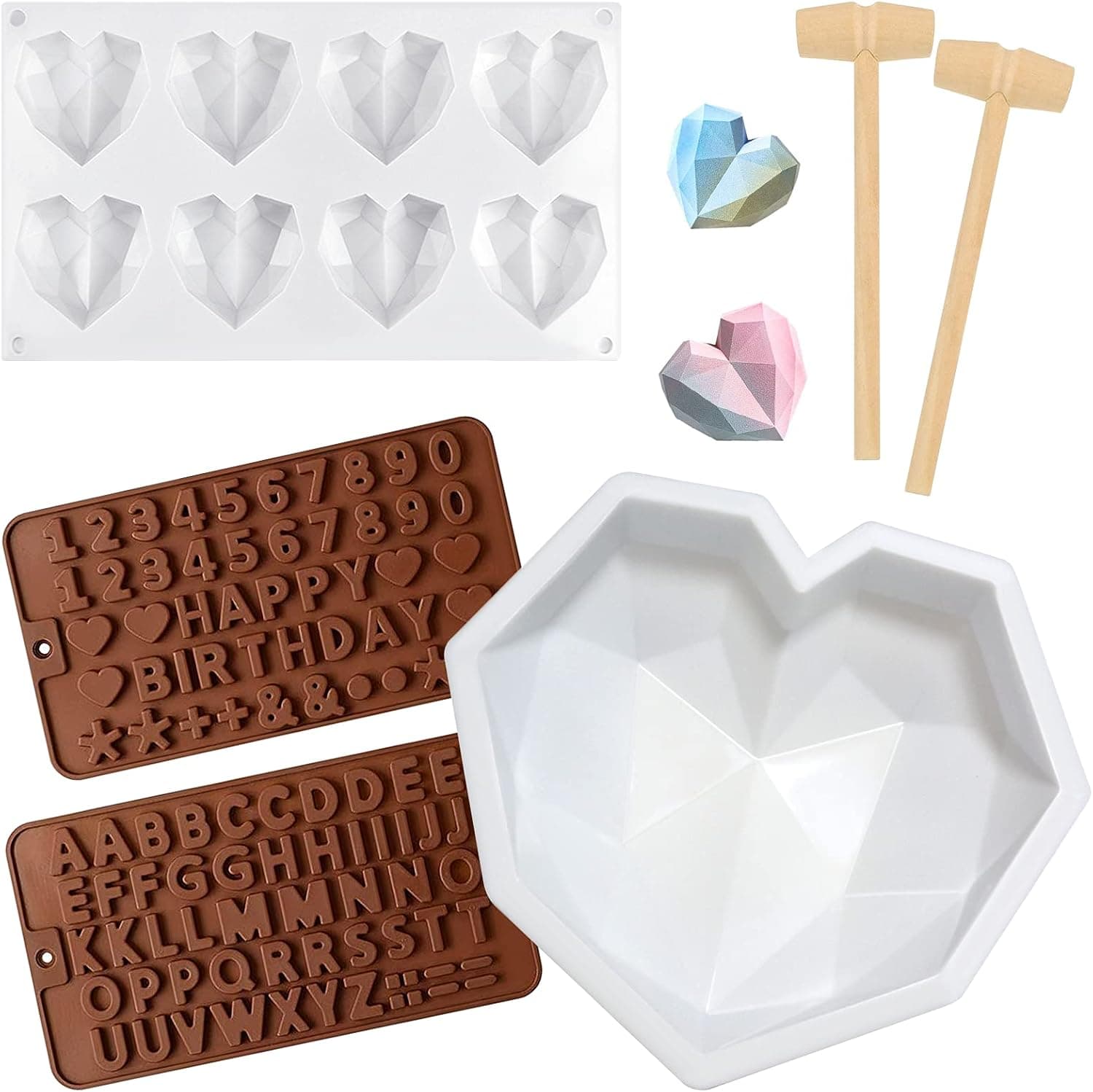 Siminsy 6 Pieces Silicone Cake Molds Set,Diamond Heart Mold Making Smashable Heart,Geometric Cake Hearts Mold，Letter and Number Chocolate Mold , 2Pcs Wooden Hammers