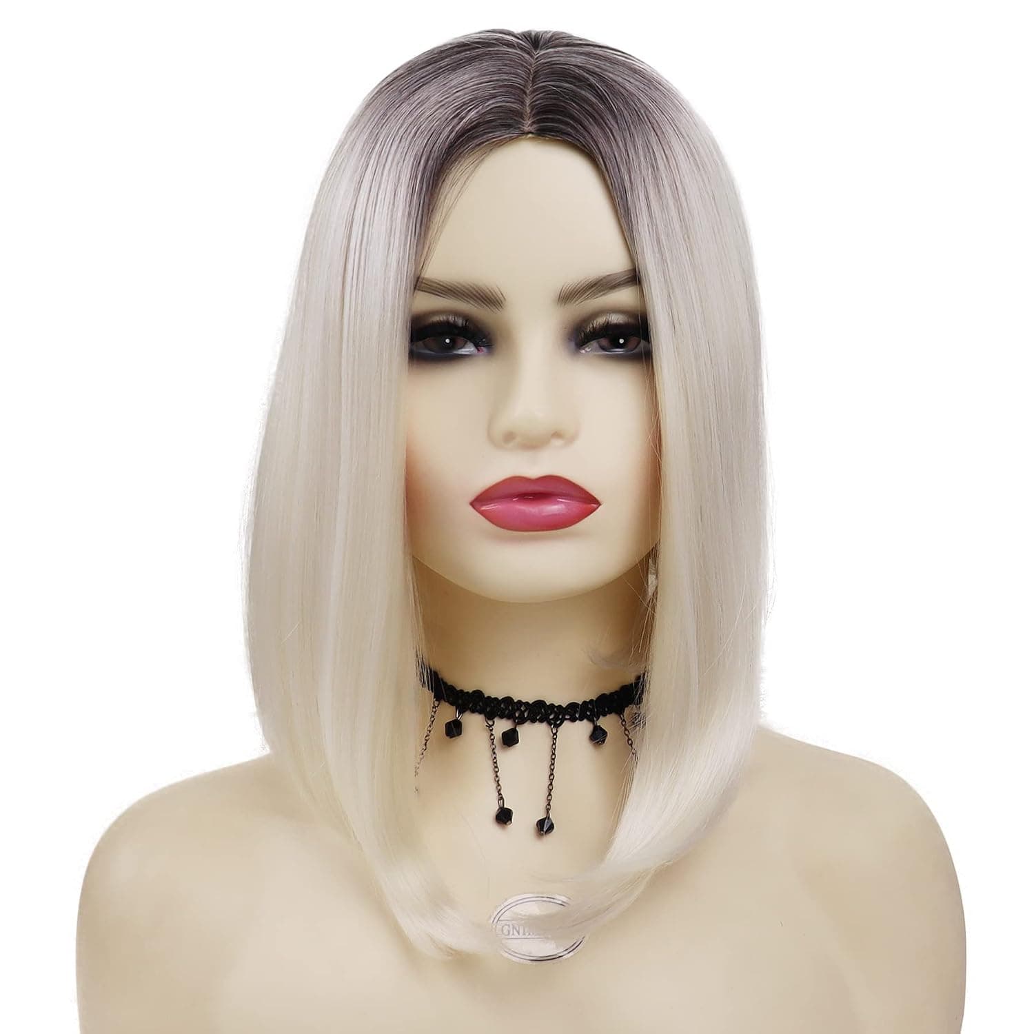 GNIMEGIL Platinum Blonde Wigs for White Women The Bobs Ombre Color Short Wig Dark Roots 2 Tone Color Straight Hair High Quality Synthetic Wig Daily Use
