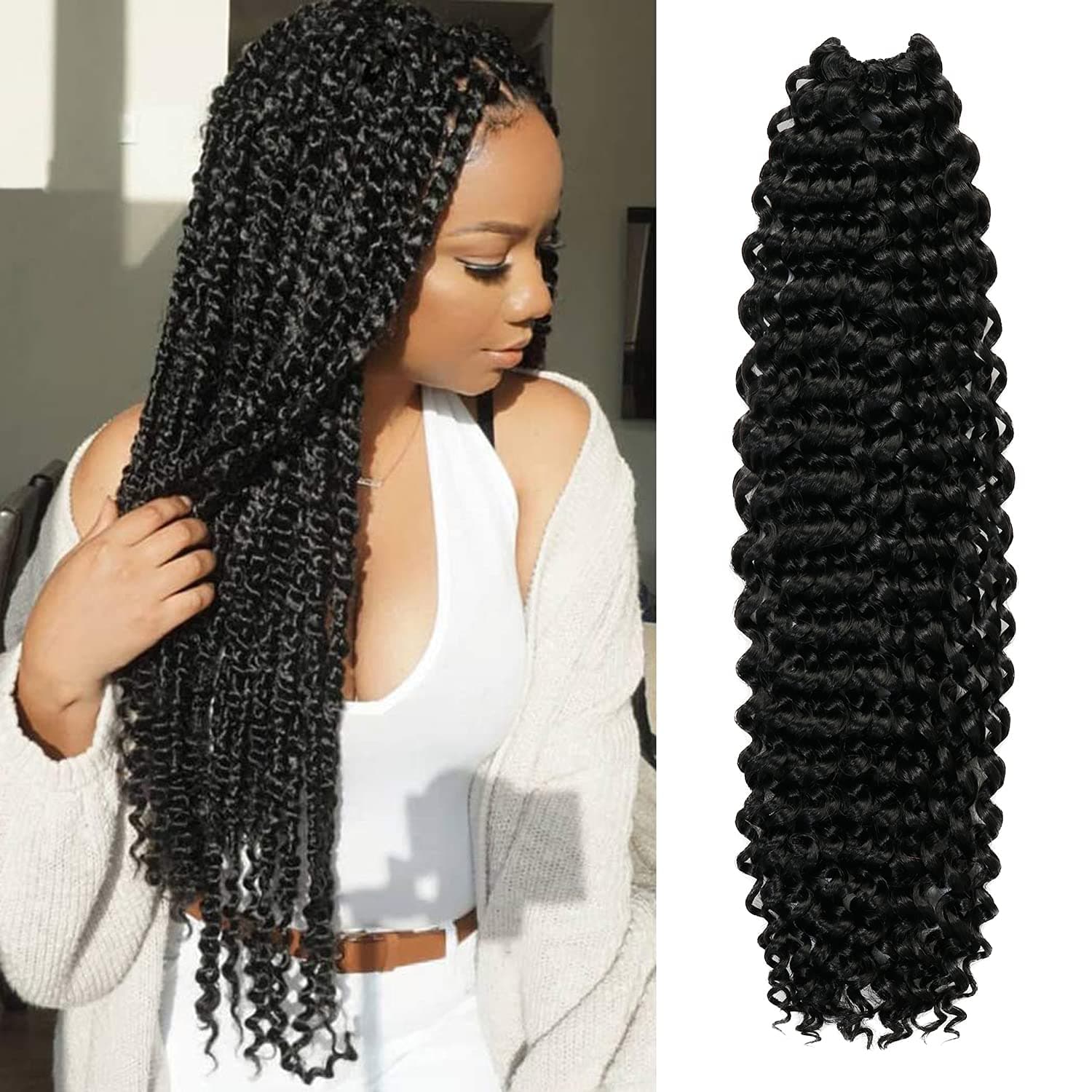 22 Inch 8 Packs AU-THEN-TIC Passion Twist Hair Water Wave Crochet Braids Hair for Butterfly locs Bohemian Goddess locs Synthetic Braiding Hair Extensions (22 Inch (Pack of 8), 1-Jet Black)