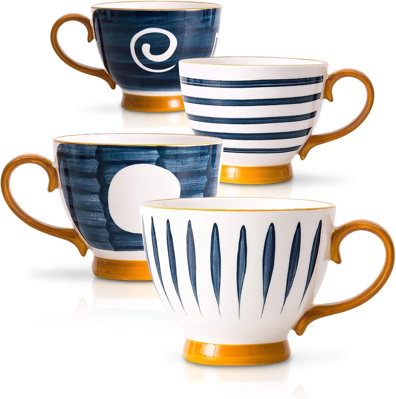 Sophie & Panda Eco Friendly Porcelain Blue & White Japanese Tea Cup Set 15 Oz - Every Single Sip Will Make You Smile - Set of 4 Blue Patterned Tea Cups 4.4” X 3.5”