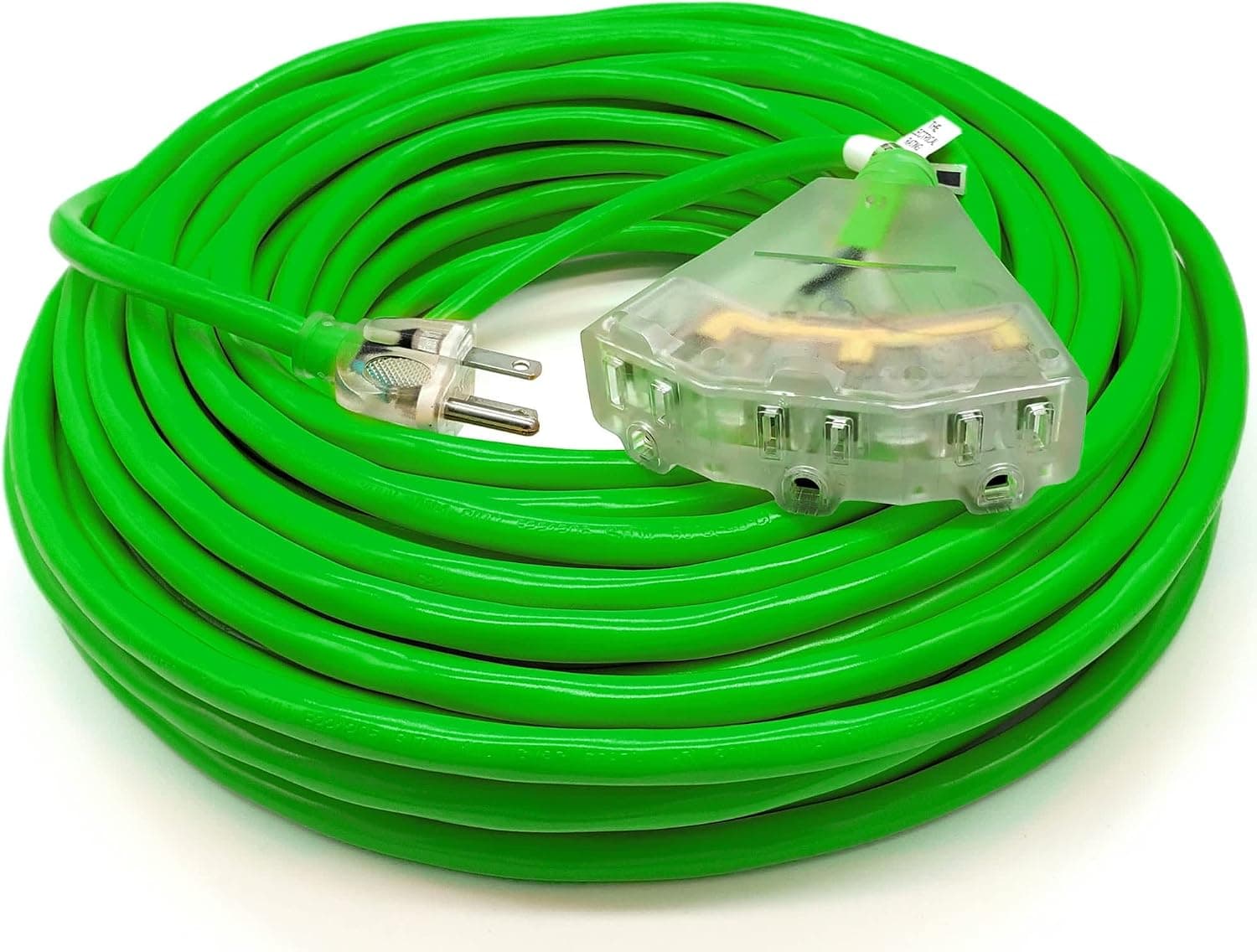 100 ft - 14 Gauge Heavy Duty 3-Outlet Lighted SJTW Indoor/Outdoor Green Extension Cord by Watt's Wire - Long 100' 14-Gauge Grounded 13-Amp Power-Cord (100 Foot 14-Awg Green)